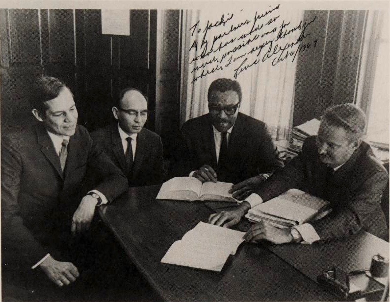 "Our United Nations law firm a year after my election to Parliament. (From left) Peter Isaacs, Paul Tokiwa, me, and Jack Millar, the visionary founder of the UN firm. My note to him says, 'To Jackie — my partner and friend who has made so much possible and for which I am deeply thankful. Lincoln Alexander Oct 6/69"